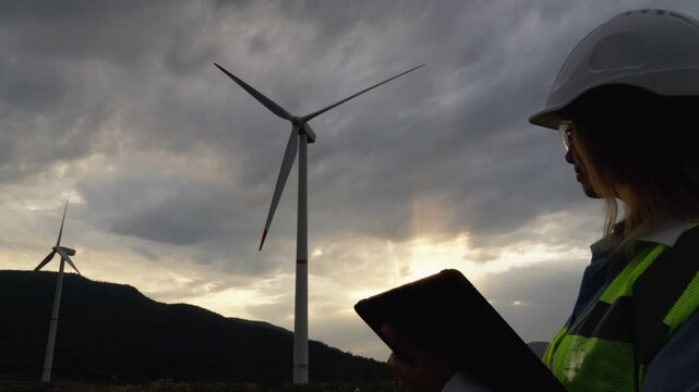 An engineer evaluates data on a tablet while standing amidst wind turbines under a dramatic sunset sky, showcasing the importance of renewable energy development