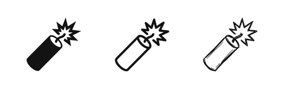 Explosive dynamite icon set in solid, outline, and sketch styles