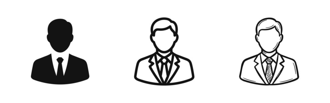 Business man user profile icon set in solid, outline, and sketch styles