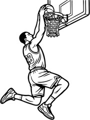 Obraz premium Basketball player performs a powerful dunk shot in this detailed black and white line art illustration.