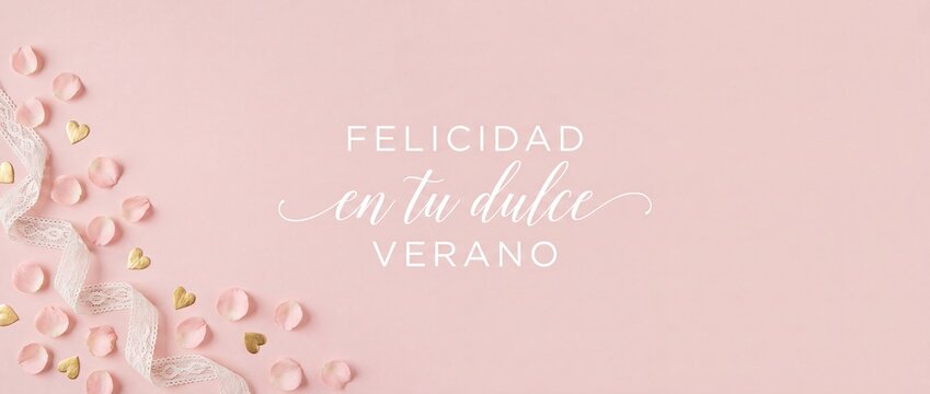 Pink summer background banner Spanish text Felicidad en tu dulce verano, featuring delicate pink rose petals, elegant lace, and gold hearts on pastel pink surface for romantic celebration holiday card