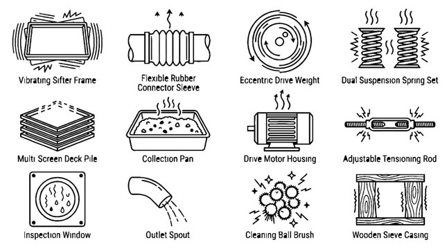 Industrial Vibrating Sieve Machine Components and Mechanical Parts Line Art Illustration Set.