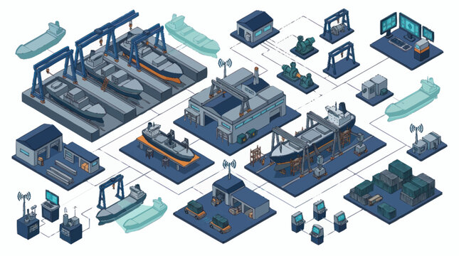 Isometric illustration of a modern shipbuilding and repair facility with advanced technology.