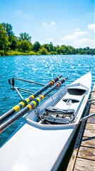 Fototapeta premium Racing scull rowing boat tied to a wooden pier on a sunny river. Empty professional sport boat with oars for competition. Concept of outdoor water activity and physical training.