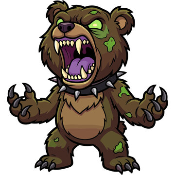 A cartoon illustration of a rabid bear with green glowing eyes and tongue stands menacingly in a threatening posture on land.