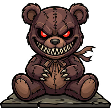 A creepy brown teddy bear with sharp teeth and red eyes sits on a stone.