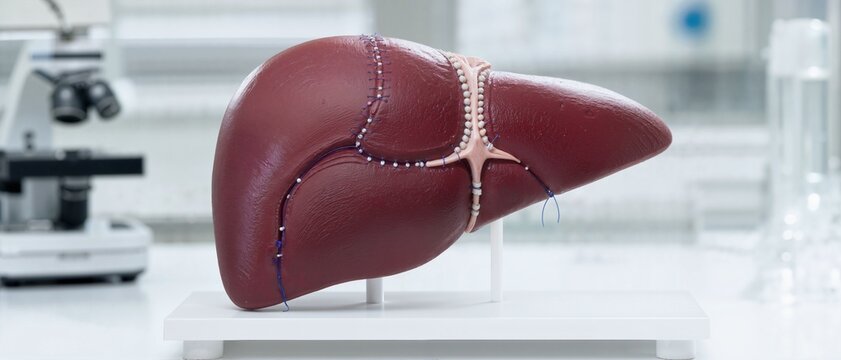 Anatomical model of a human liver with surgical sutures and bioengineered graft. Medical research and organ repair concept in a laboratory