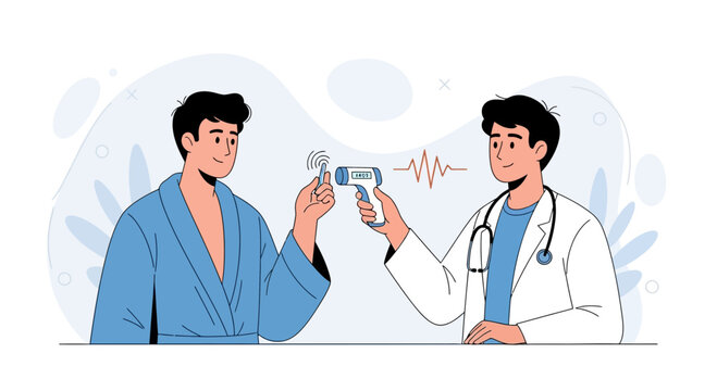 Doctor checks patient's temperature with infrared thermometer, healthcare concept