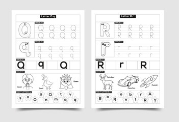 Alphabet tracing worksheet for preschoolers letters q and r with alphabet worksheet preschool education learning practice exercise © HR Studio