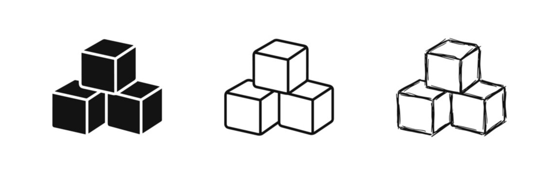 Cubes shape icon set in solid, outline, and sketch style