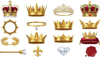 Luxury royal crown collection with golden monarch symbols diamonds tiaras and regal heraldic vector illustration set © Prodip