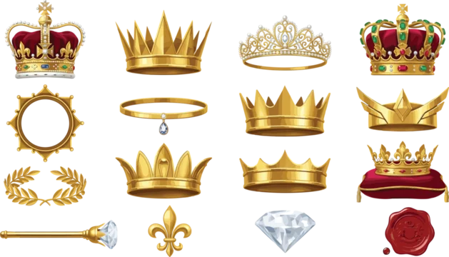 Luxury royal crown collection with golden monarch symbols diamonds tiaras and regal heraldic vector illustration set