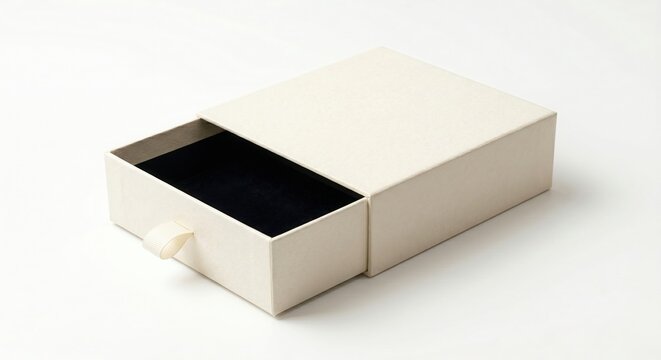 Open empty cream sliding drawer box with a black velvet insert holder isolated on a white background. Premium luxury product packaging mockup and retail branding template.