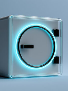 Futuristic safe vault with neon blue light, transparent door, modern security, minimal style, high fidelity, digital concept