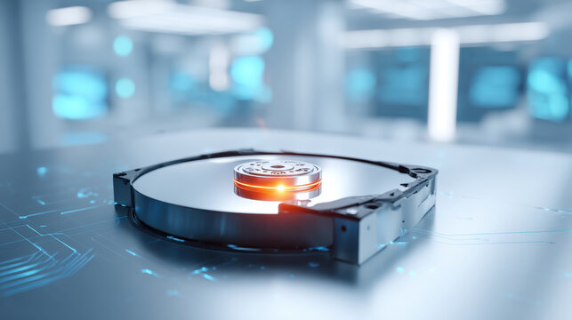 Hard disk drive open hard disk drive data storage computer hardware magnetic disk metal platter read write head close up modern technology blue background