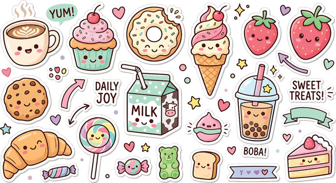 Cute food stickers isolated on white background