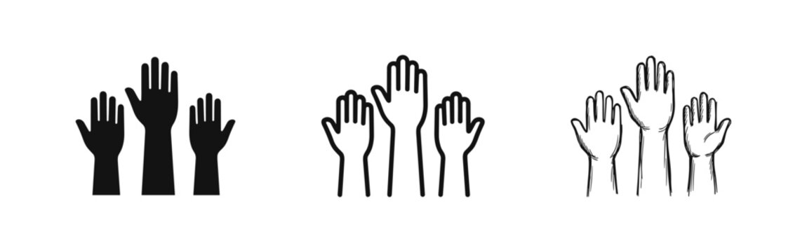 Hands raised up icons set, voting and volunteering symbols, black flat, linear and doodle styles