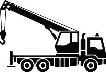 Black silhouette of a crane truck with hook and boom extended on white background © Jarina