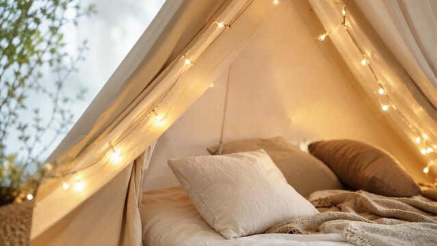 Cozy interior of a fabric tent canopy with warm string lights. Comfortable bed with pillows and blanket in a teepee. Relaxing indoor hygge atmosphere
