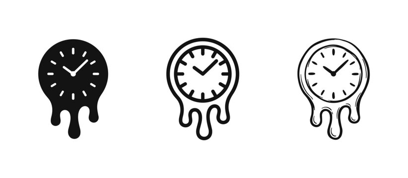 Melting clock icons set, time running out, deadline concept, surreal watch, vector illustration
