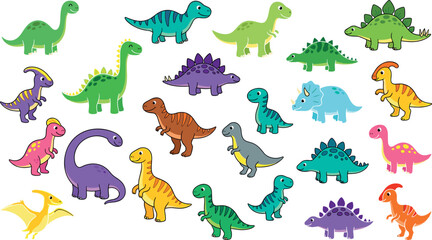 Large vector set of cute cartoon dinosaur characters featuring various colorful prehistoric animals isolated on a white background. © RAJU