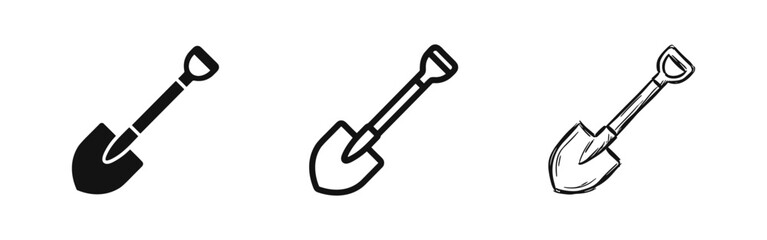 Set of shovel icons in solid, linear and sketch styles © drawing lines