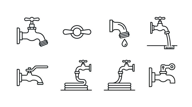 Collection of water faucet and plumbing fixture line art icons