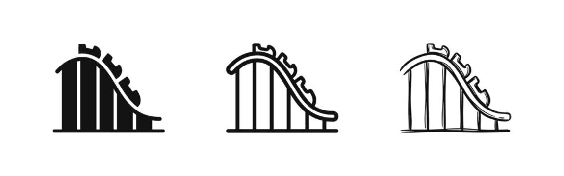 Roller coaster amusement park ride icon set in black style