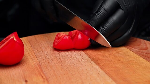 Person slicing red bell pepper on wooden cutting board