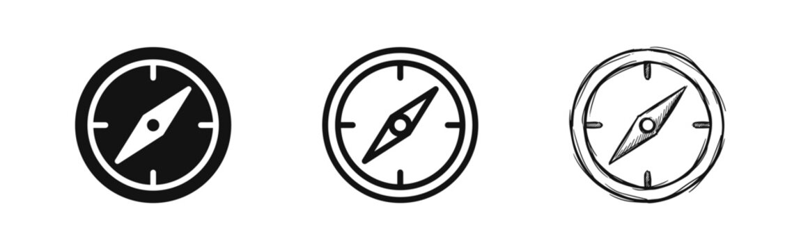 Navigation compass icon set in flat outline and sketch styles