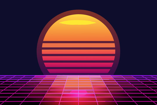 Vibrant neon sunset scene with grid floor and dark background in a futuristic vector graphic design