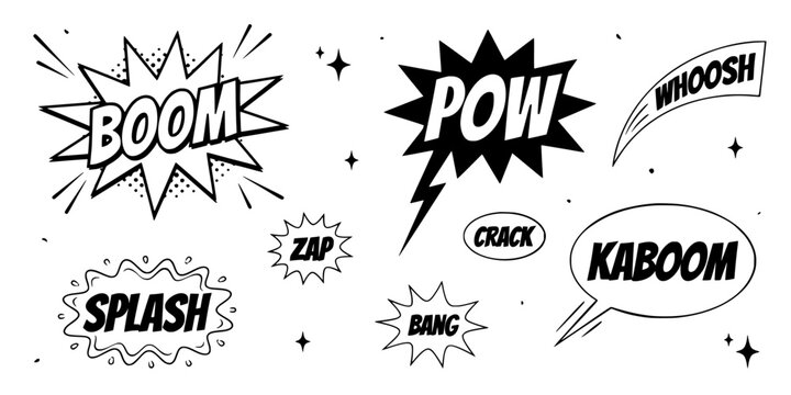 Comic Book Sound Effects with Words Like Boom, Pow, Zap, and Splash in Bold Letters Featuring Effect, Crack, Kaboom with Whoosh