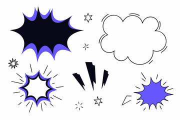 Fototapeta premium Colorful comic book style explosion and speech bubbles in black blue and white for graphic design and digital illustration projects