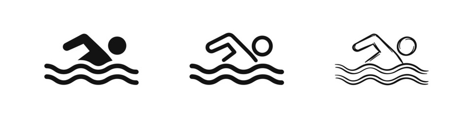 Set of swimming person icons in glyph, outline, and sketch style © drawing lines