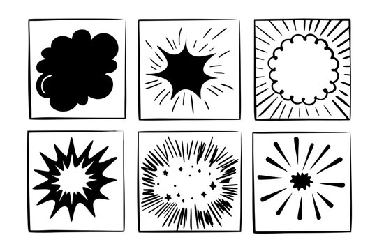 Black and white vector graphic illustration of six comic book style explosion effects in squares