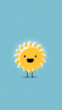 A cheerful cartoon sun character radiating warmth and joy on a light blue background, symbolizing sunny and positive days