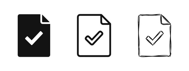 Set of document file with checkmark icon in solid, line and sketch styles © drawing lines