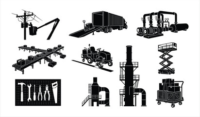Obraz premium Industrial equipment and factory machinery black silhouettes set for manufacturing design