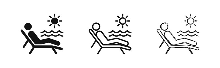 Obraz premium Person relaxing on sun lounger with sun and waves icons in multiple graphic styles