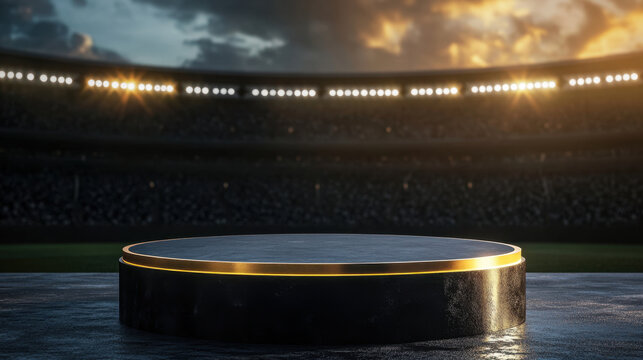 Black gold podium sports stadium stadium light sunset outdoor empty stage display platform showcase pedestal round black gold
