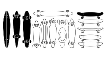 Skateboard, skateboards, vector icons, black and white, 13 skateboard designs, illustrations, transportation, sports equipment © charli
