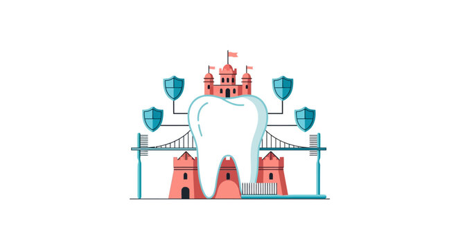 Conceptual tooth fortress protected by shields and bridges.