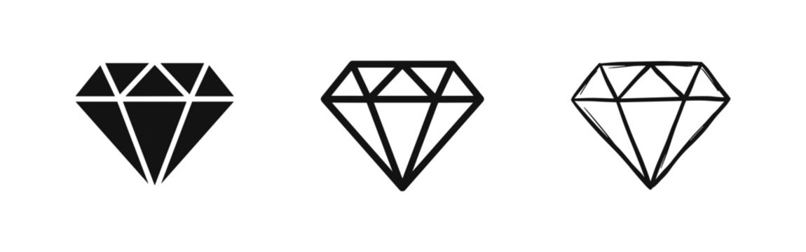 Diamond gemstone icon set in solid, outline and sketch styles