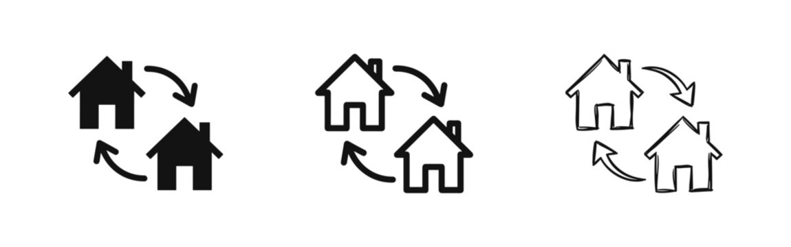 House moving or property exchange icon set in solid, outline and sketch styles