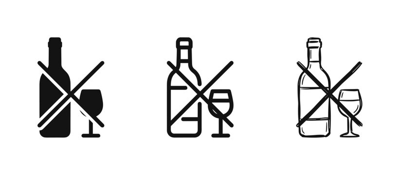 Alcohol prohibition icon set with bottle and glass in solid, outline and sketch styles