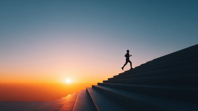 Silhouette runner on stair at sunrise sunset sky stair step fitness motion profile climb exercise outdoor