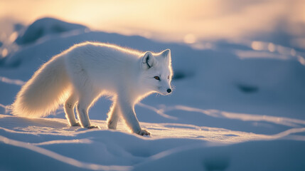 Obraz premium White fox in snow landscape, arctic fox walking in winter light