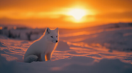 Obraz premium White arctic fox in snow at sunset, sitting in frozen landscape with warm orange sky and winter light