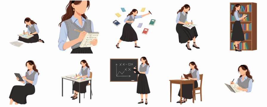 Collection of flat vector illustrations of a female student studying, taking notes, and engaged in various academic activities.