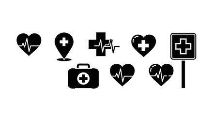 Medical icons, healthcare symbols, emergency signs, black vector graphics © charli